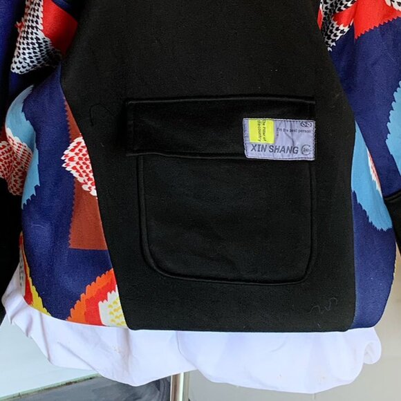 Black Hoodie Colorful Patchwork Sleeves Streetwear - Picture 3 of 5